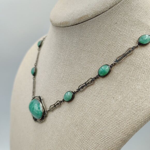 Vintage Sterling Silver 925 Green Pekin Glass Art Deco Necklace 16" - Picture 3 of 16